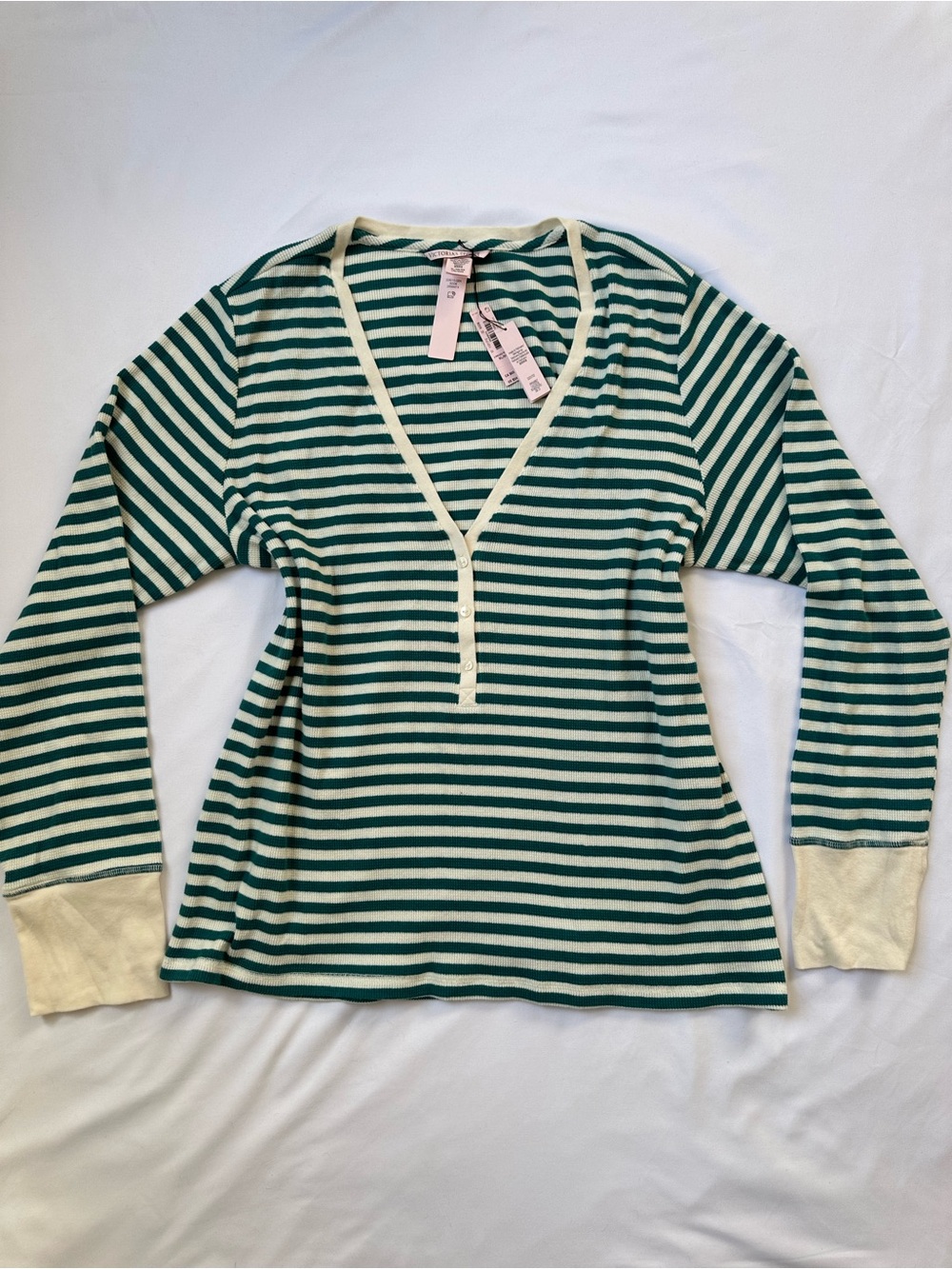 Victoria Secret Striped V-Neck Long Sleeve Top in Green and White